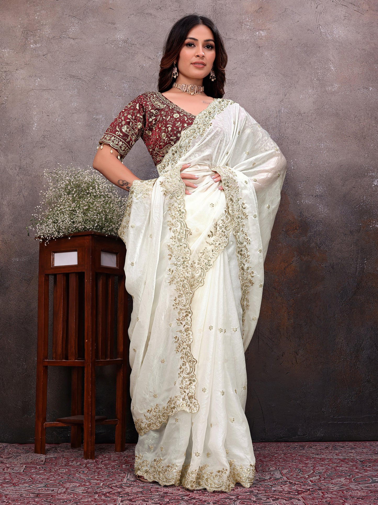 White Gold Tissue Embroidered Saree