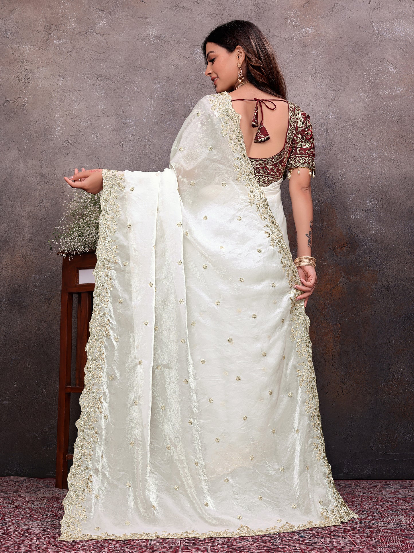 White Gold Tissue Embroidered Saree