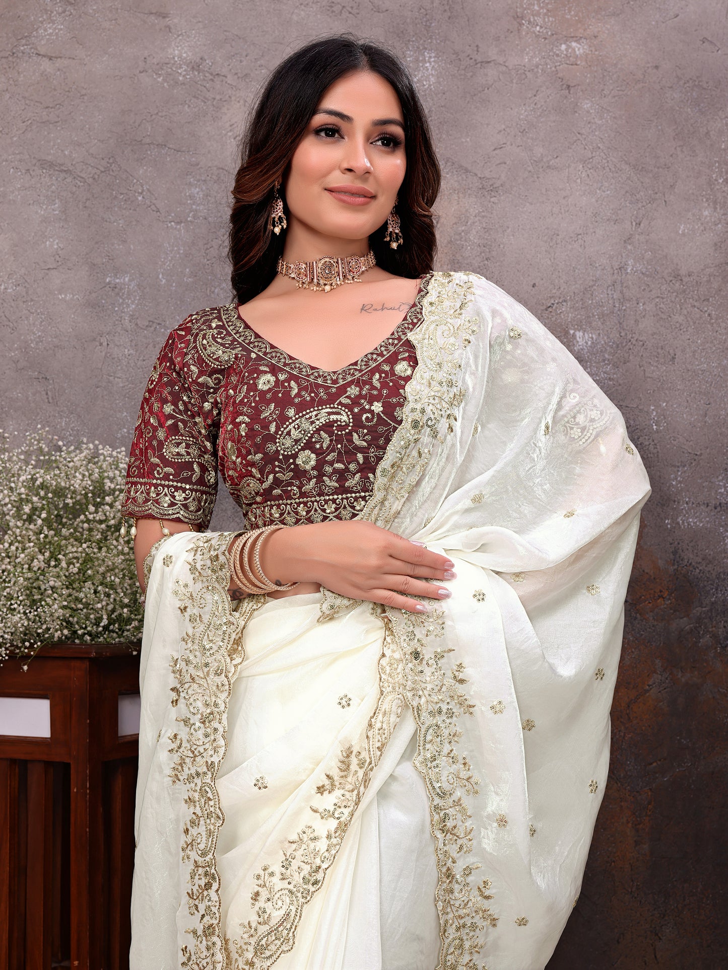 White Gold Tissue Embroidered Saree