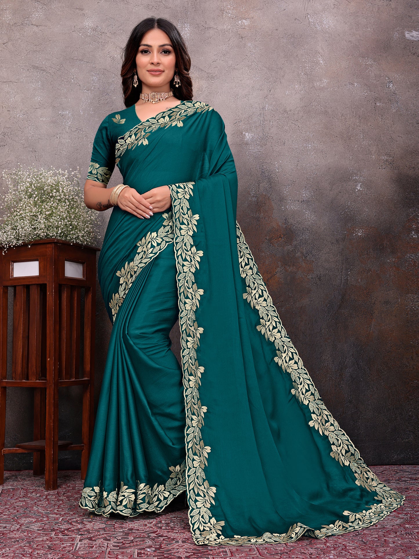 Teal Gold Leaf Border Saree