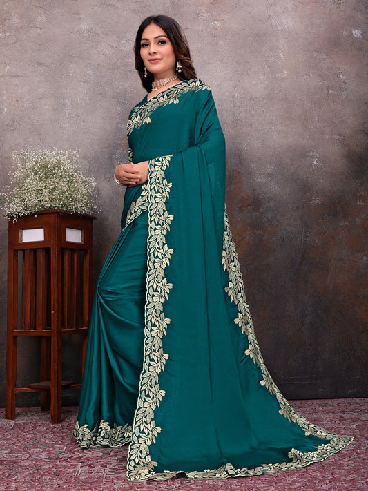 Teal Gold Leaf Border Saree