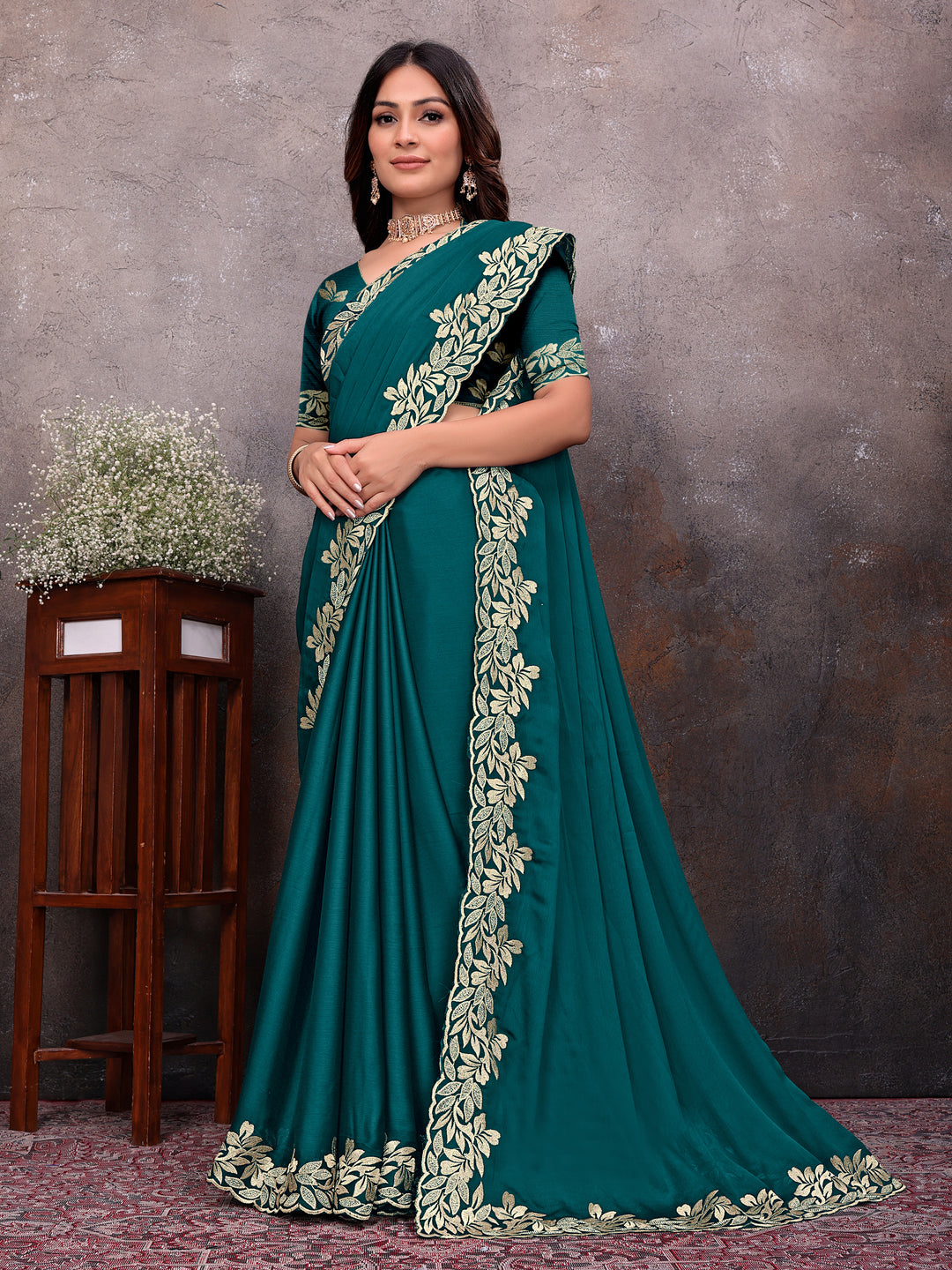 Teal Gold Leaf Border Saree