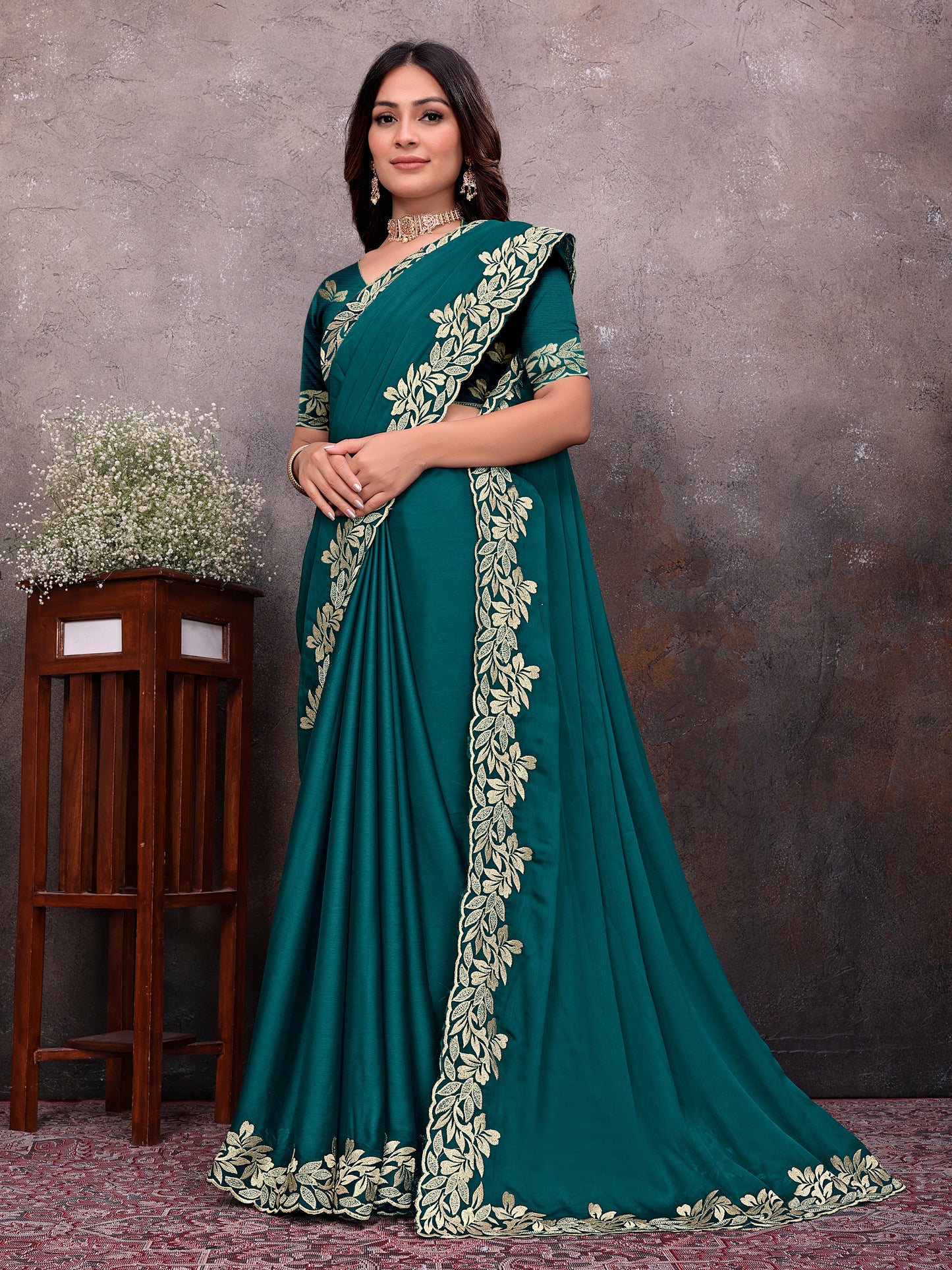 Teal Gold Leaf Border Saree