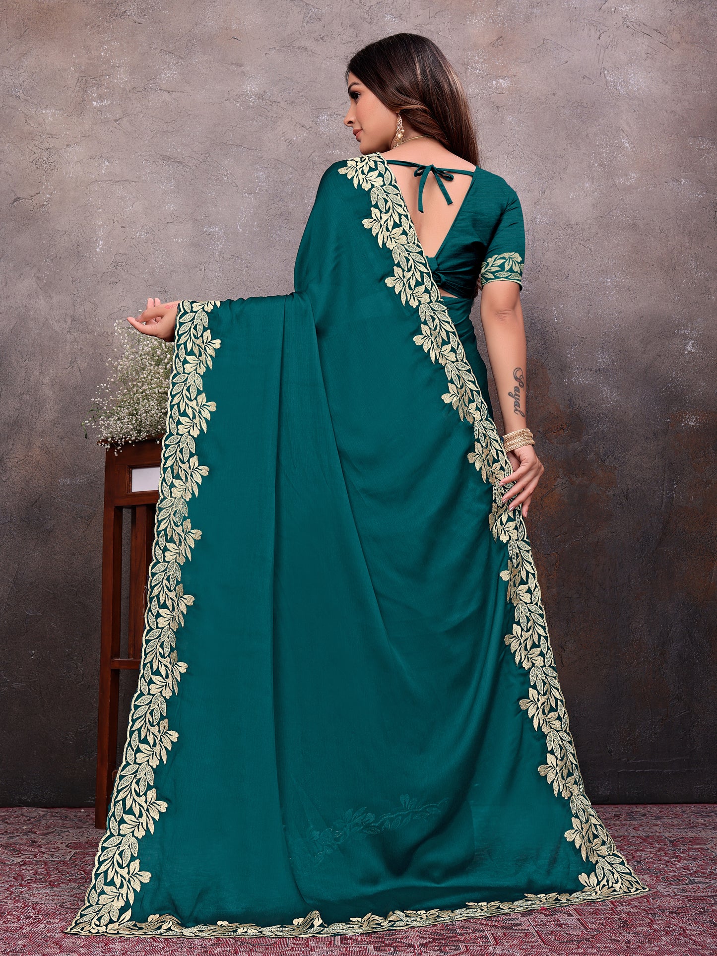 Teal Gold Leaf Border Saree