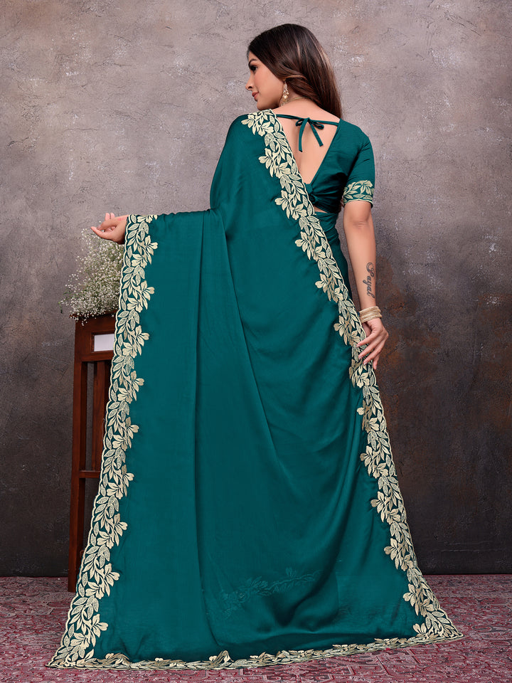 Teal Gold Leaf Border Saree