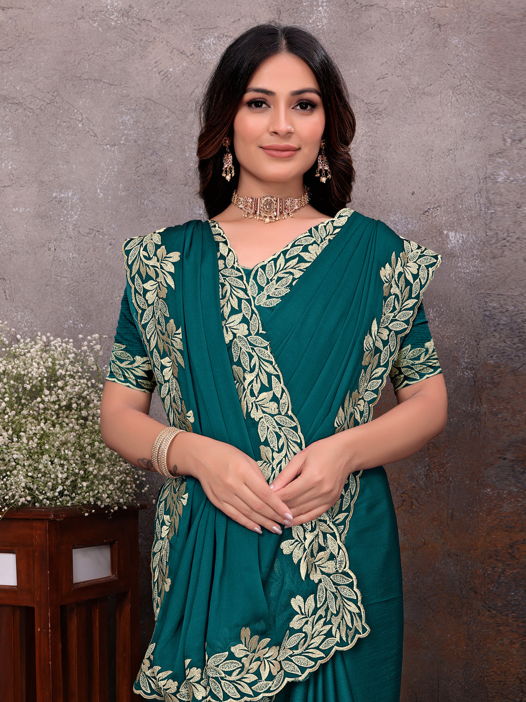 Teal Gold Leaf Border Saree