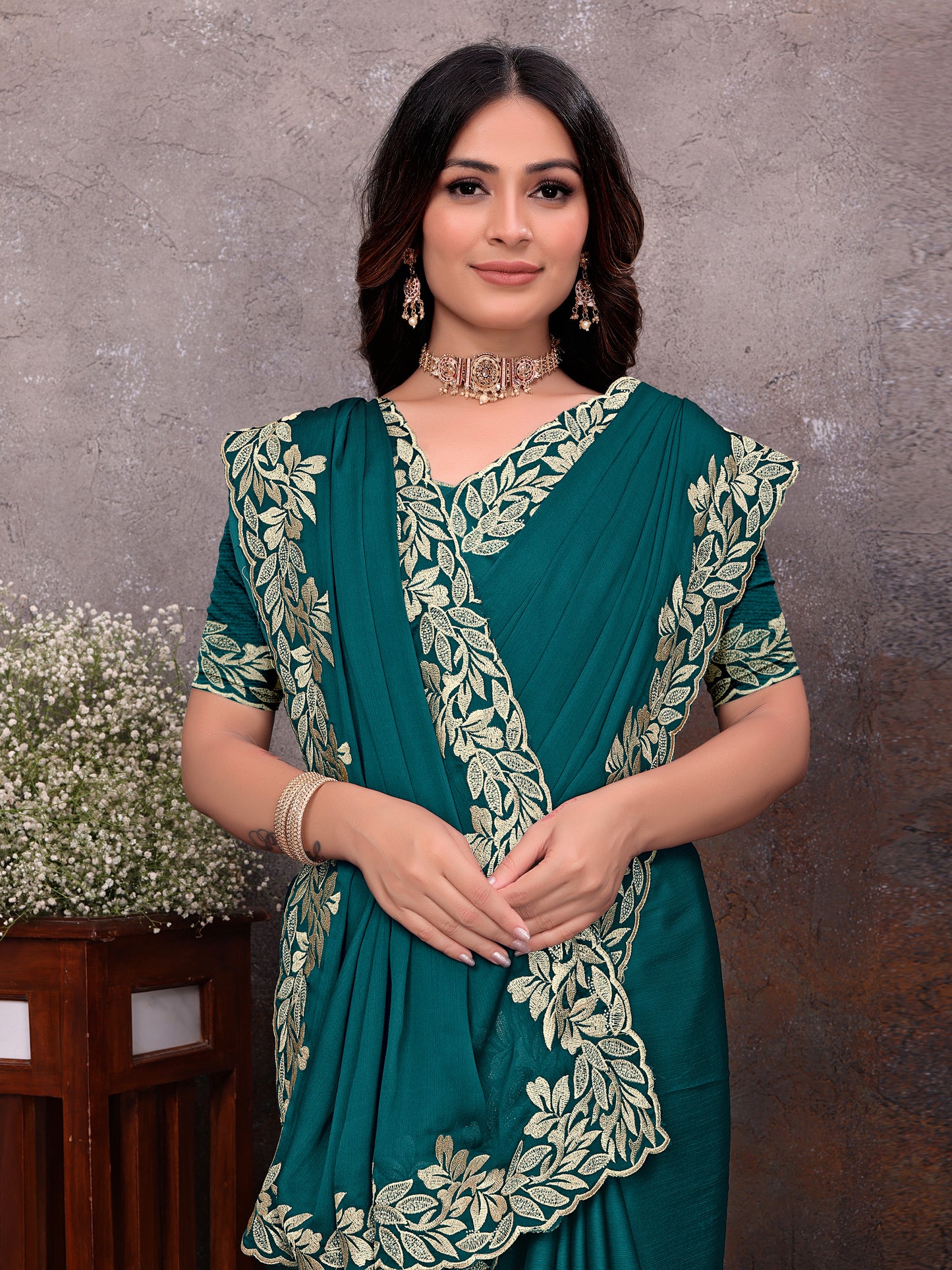 Teal Gold Leaf Border Saree