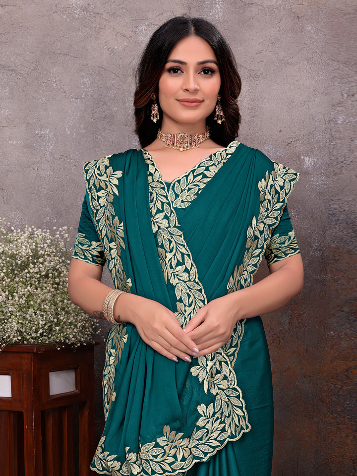 Teal Gold Leaf Border Saree