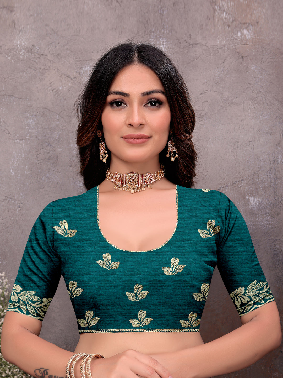 Teal Gold Leaf Border Saree