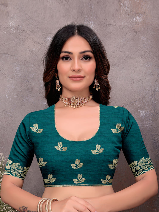 Teal Gold Leaf Border Saree