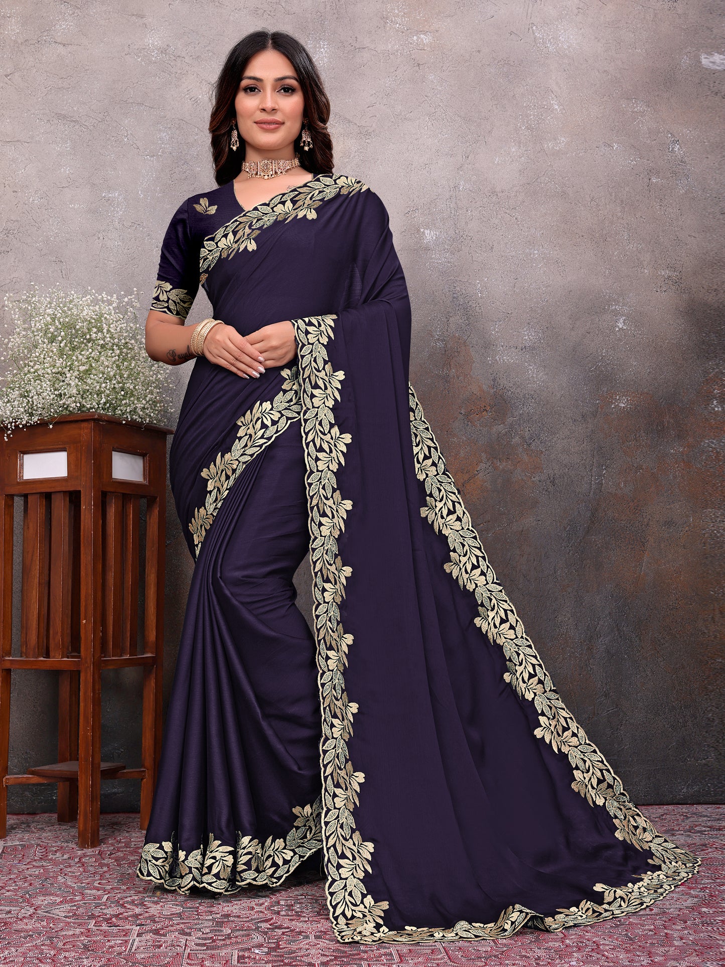 Purple Gold Leaf Border Saree