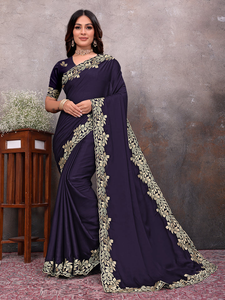 Purple Gold Leaf Border Saree