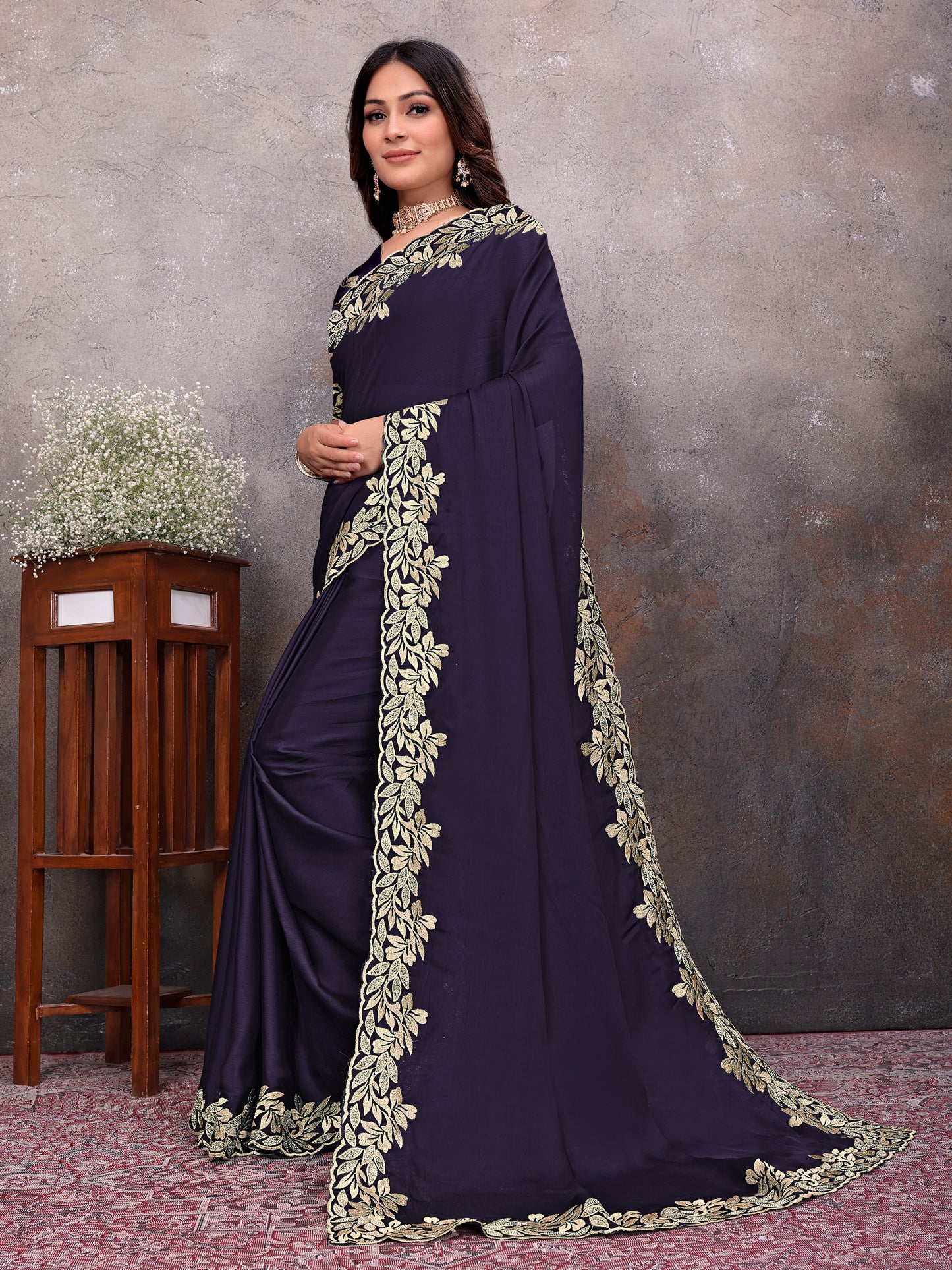 Purple Gold Leaf Border Saree