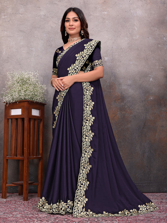 Purple Gold Leaf Border Saree