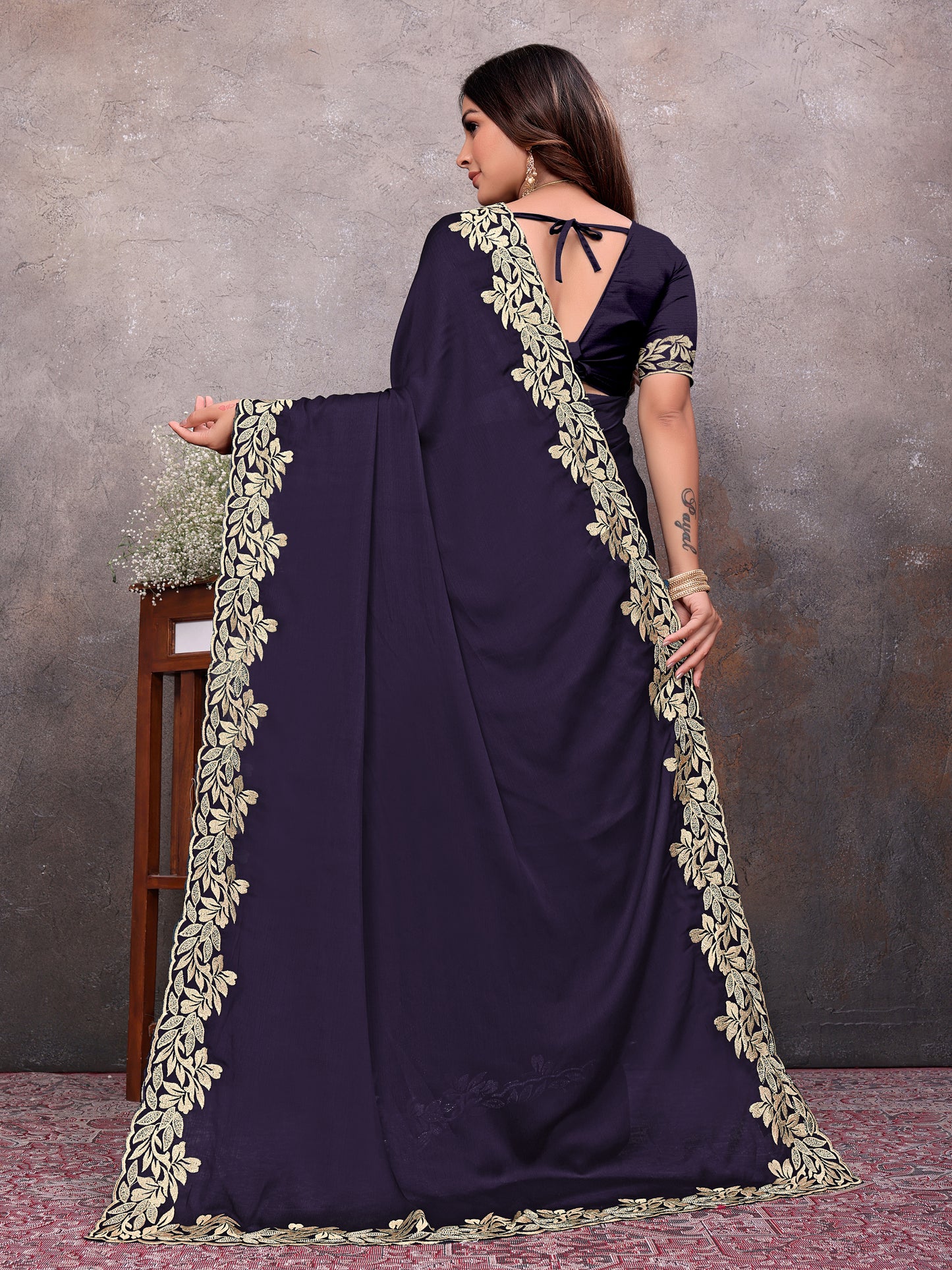 Purple Gold Leaf Border Saree