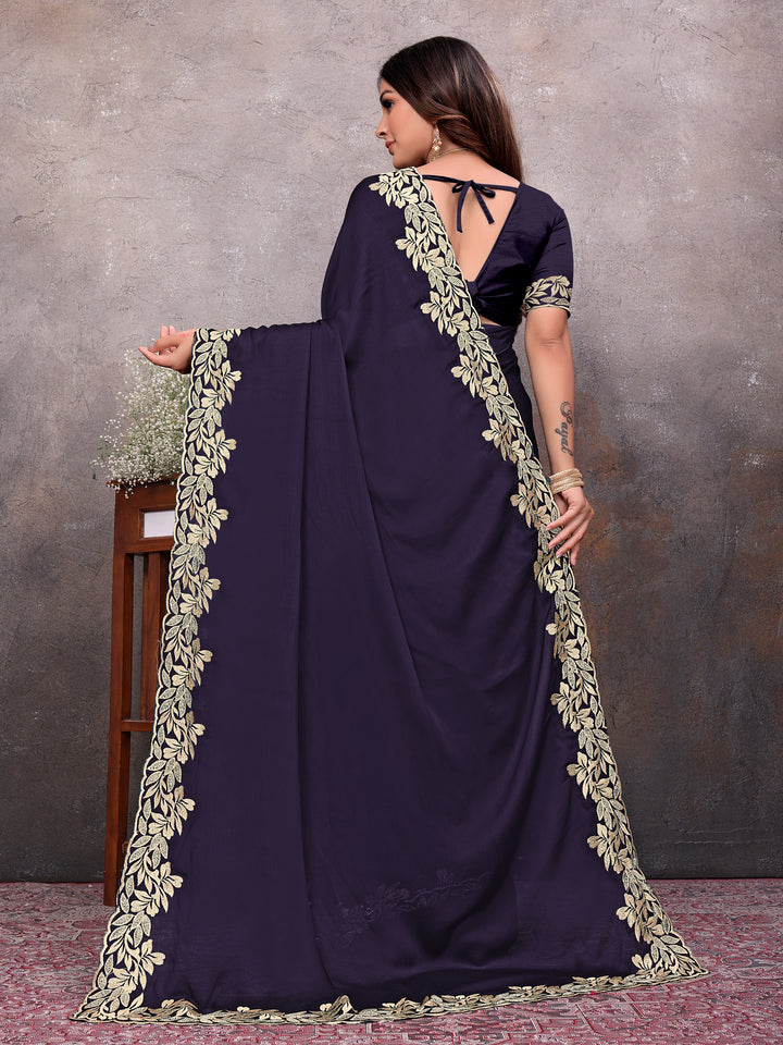 Purple Gold Leaf Border Saree