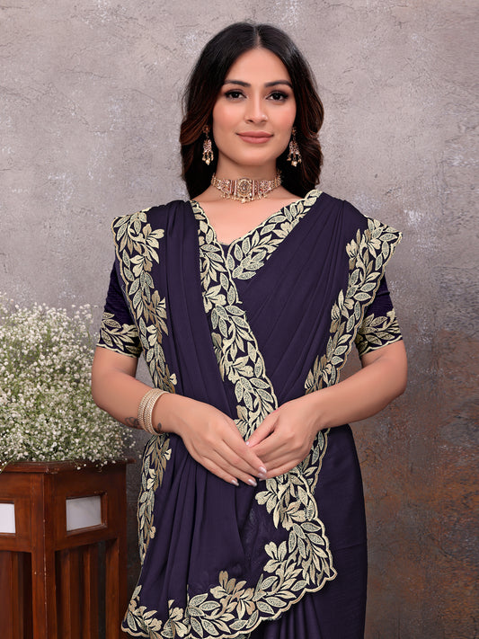 Purple Gold Leaf Border Saree
