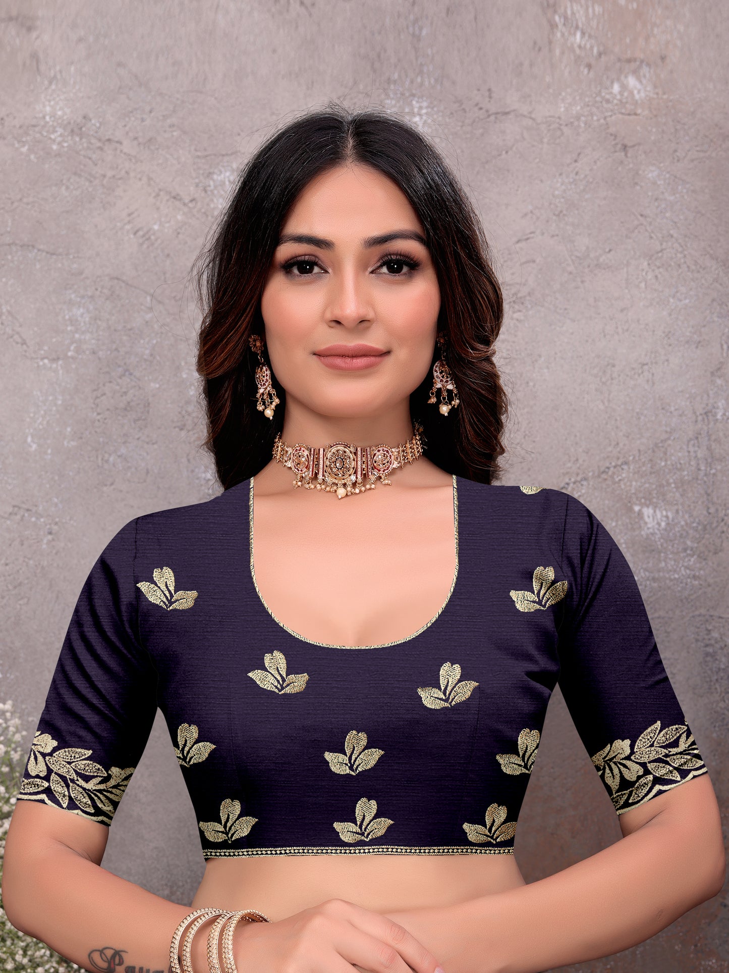 Purple Gold Leaf Border Saree