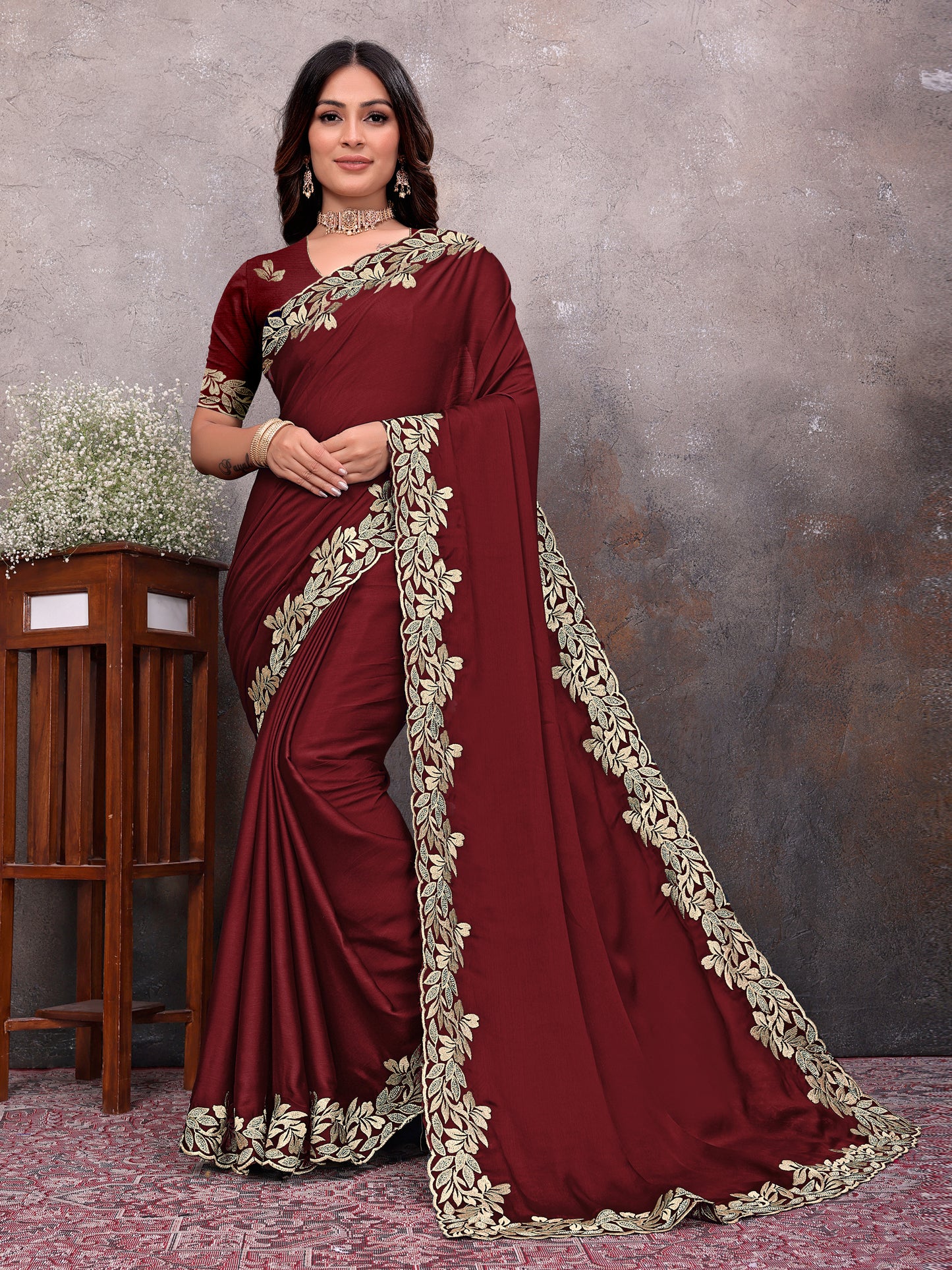 Maroon Gold Leaf Border Saree