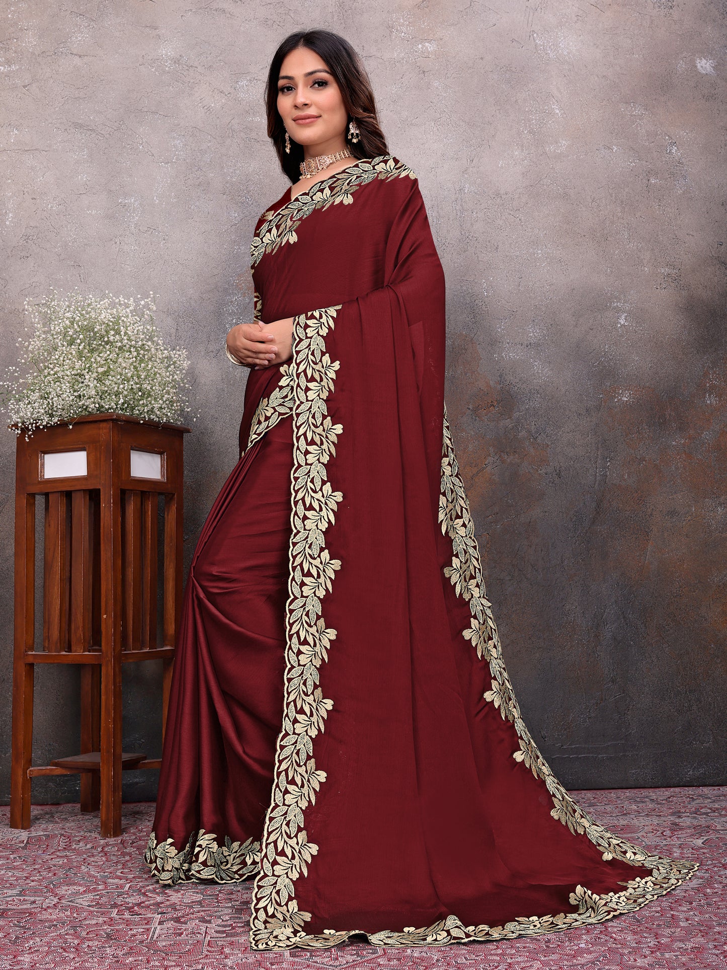 Maroon Gold Leaf Border Saree