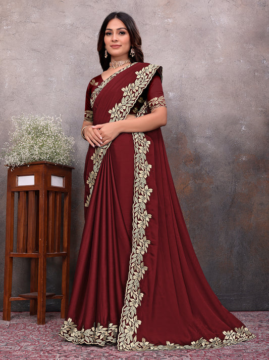Maroon Gold Leaf Border Saree