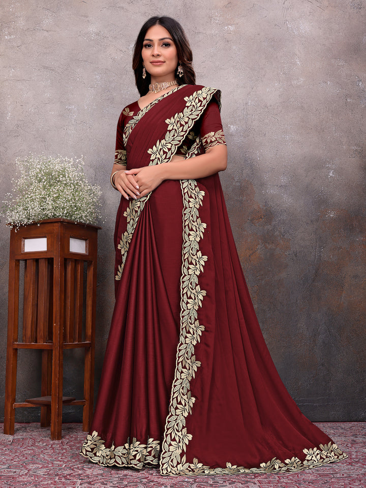 Maroon Gold Leaf Border Saree