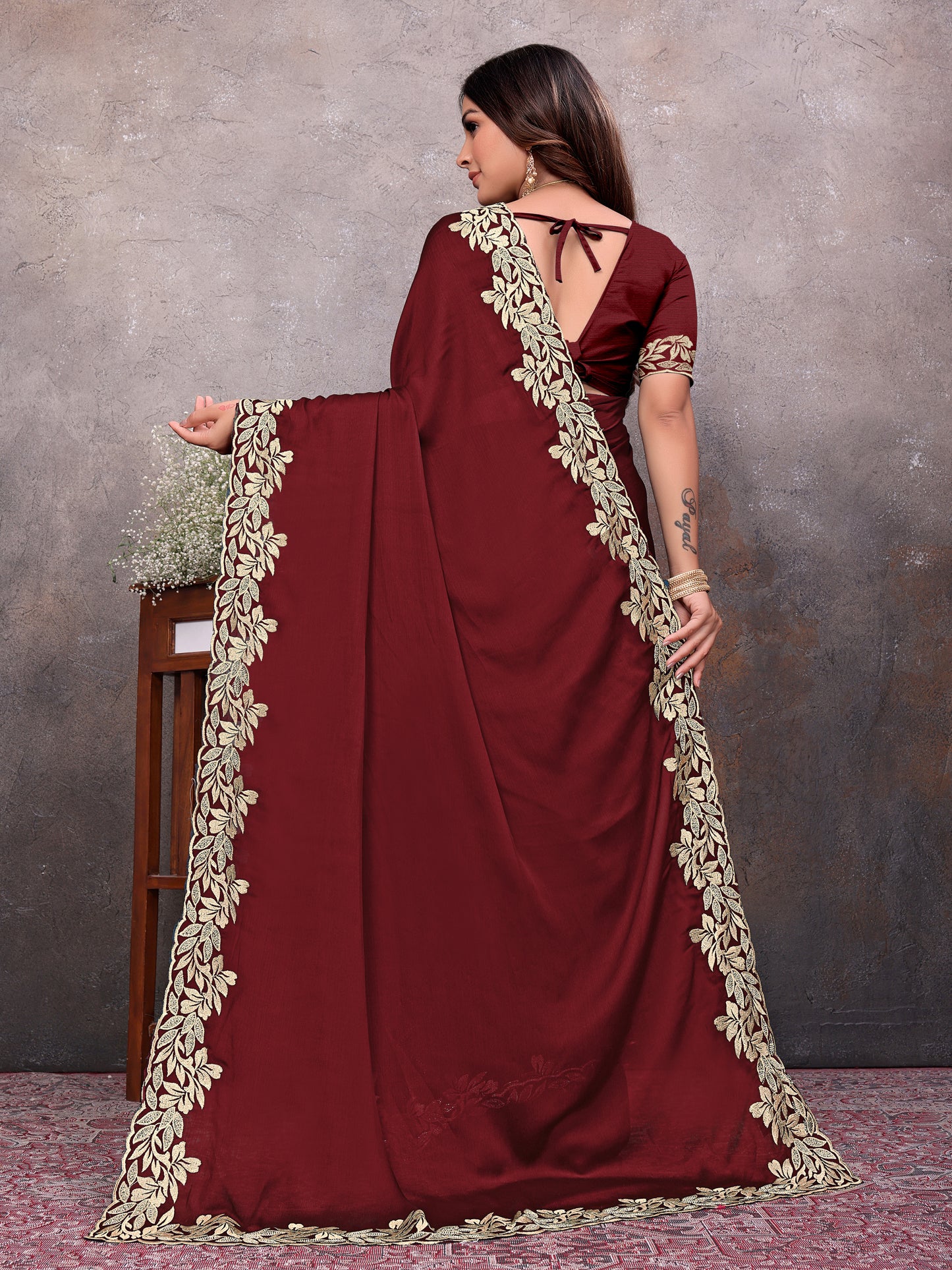 Maroon Gold Leaf Border Saree