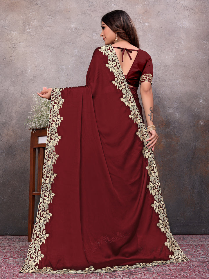 Maroon Gold Leaf Border Saree