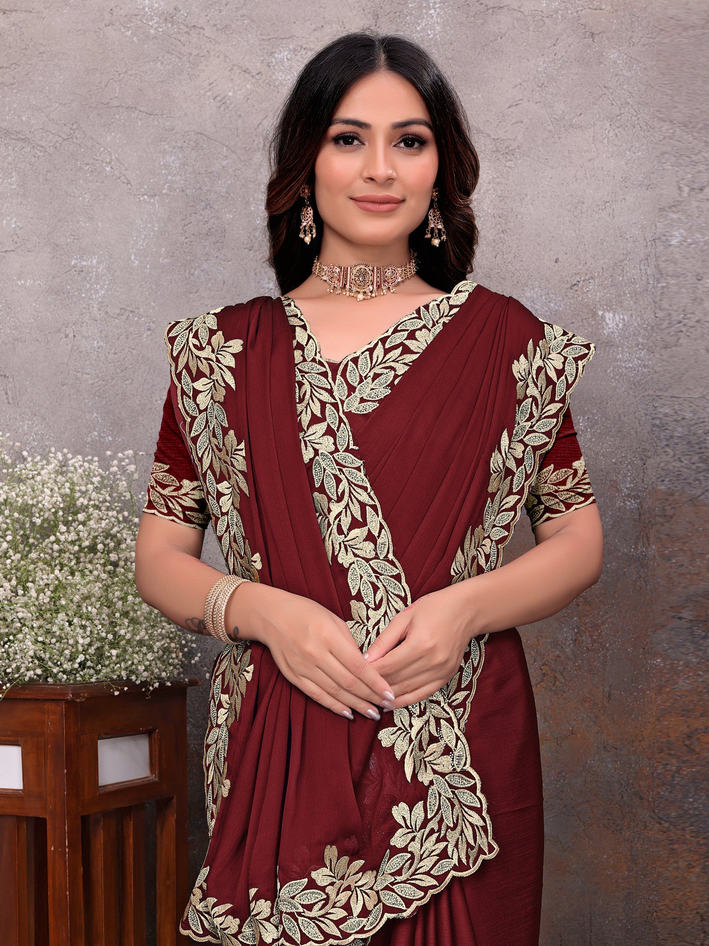 Maroon Gold Leaf Border Saree