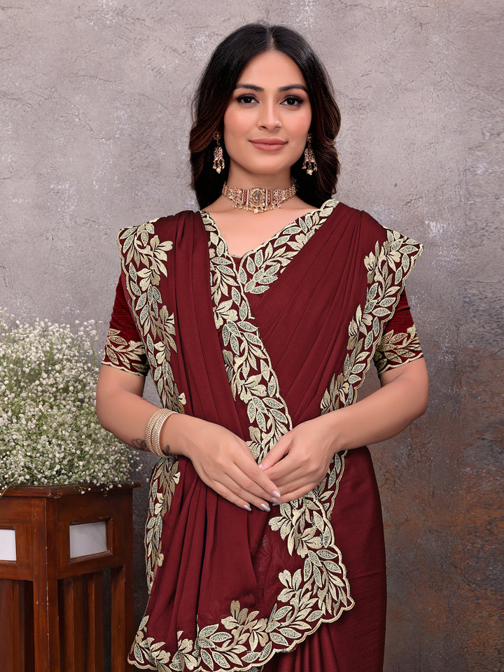Maroon Gold Leaf Border Saree