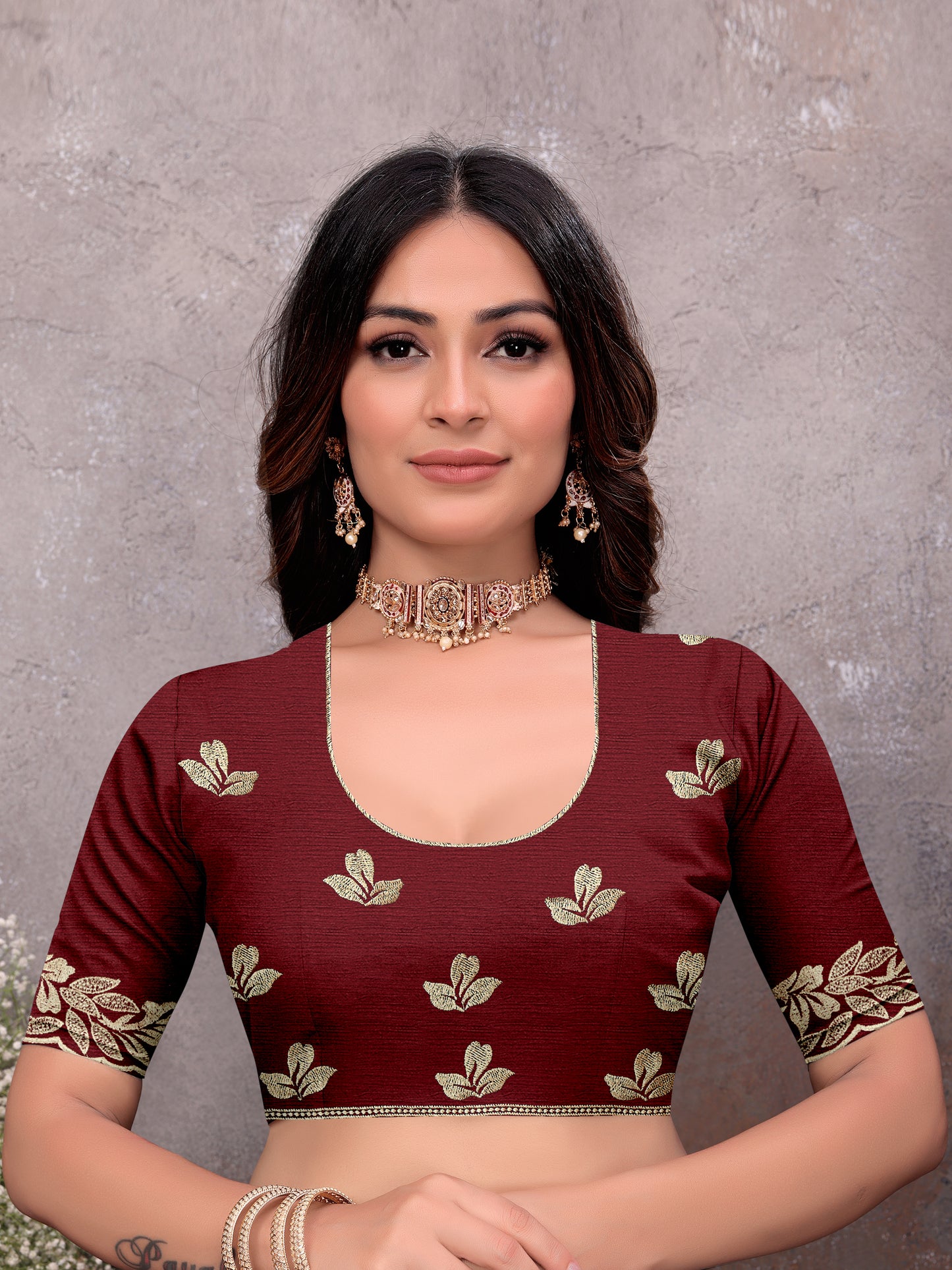 Maroon Gold Leaf Border Saree