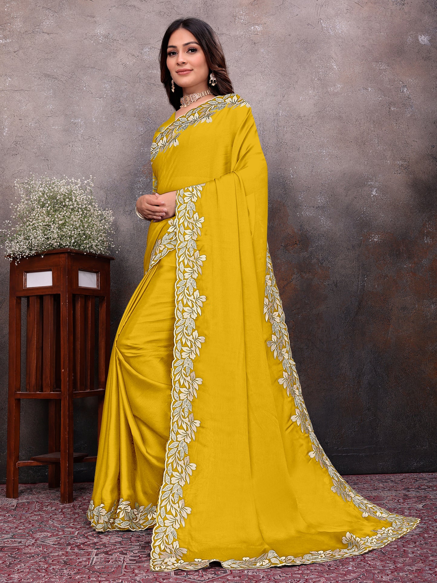 Yellow Gold Leaf Border Saree