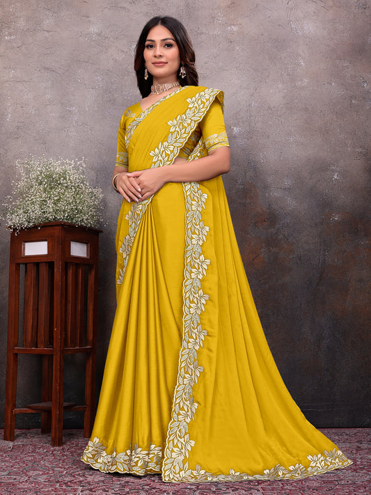 Yellow Gold Leaf Border Saree