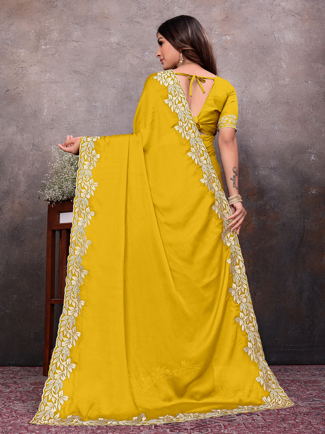 Yellow Gold Leaf Border Saree