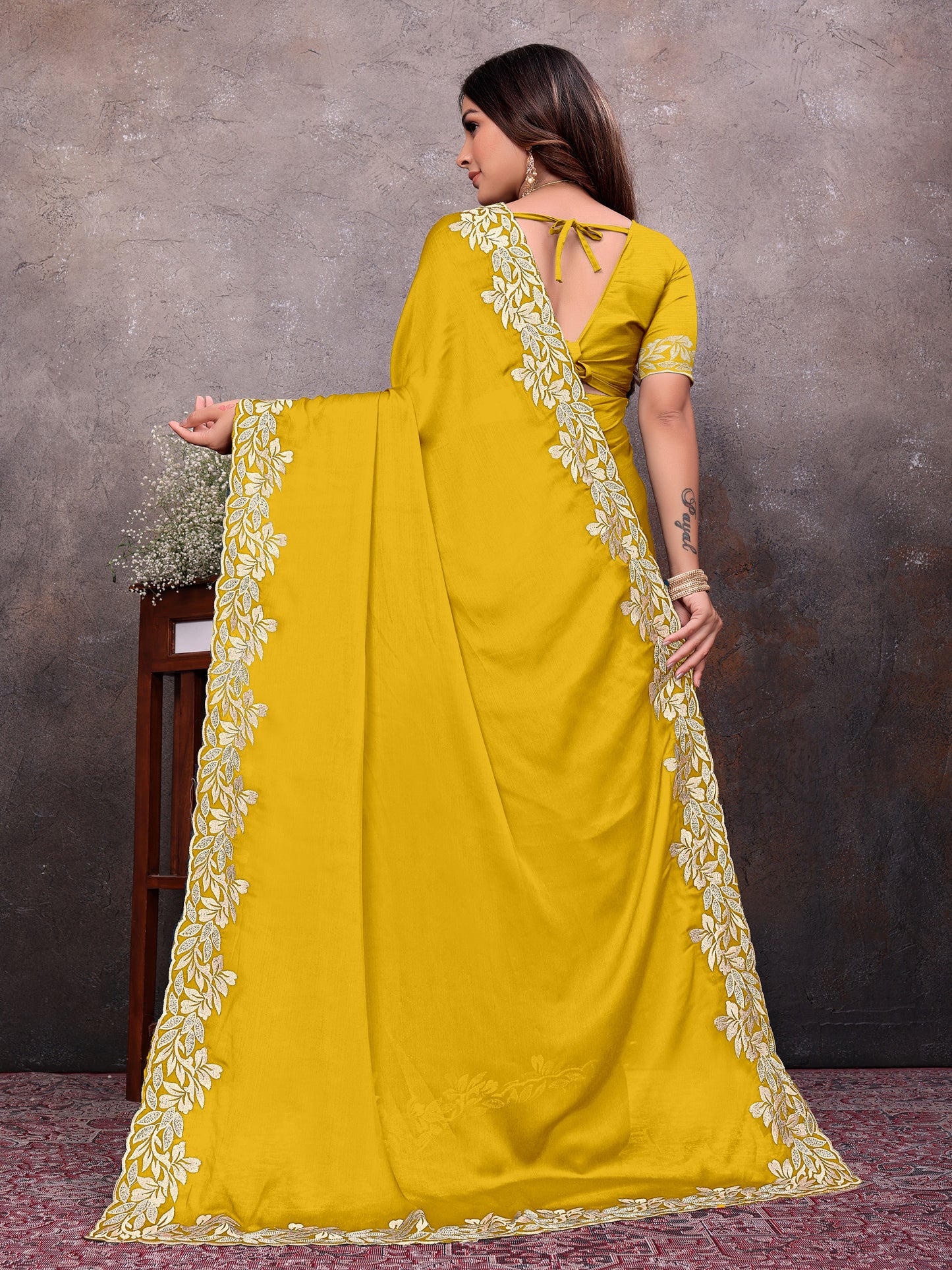 Yellow Gold Leaf Border Saree