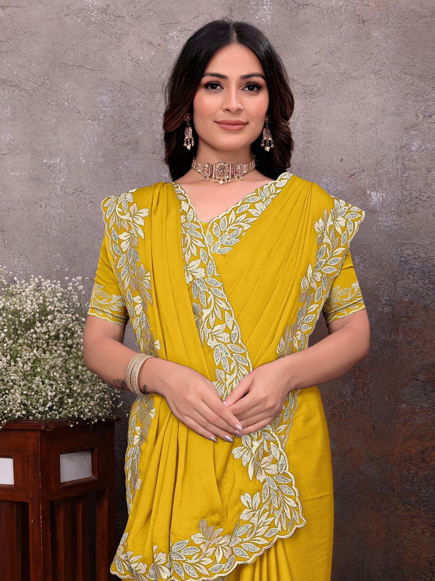 Yellow Gold Leaf Border Saree