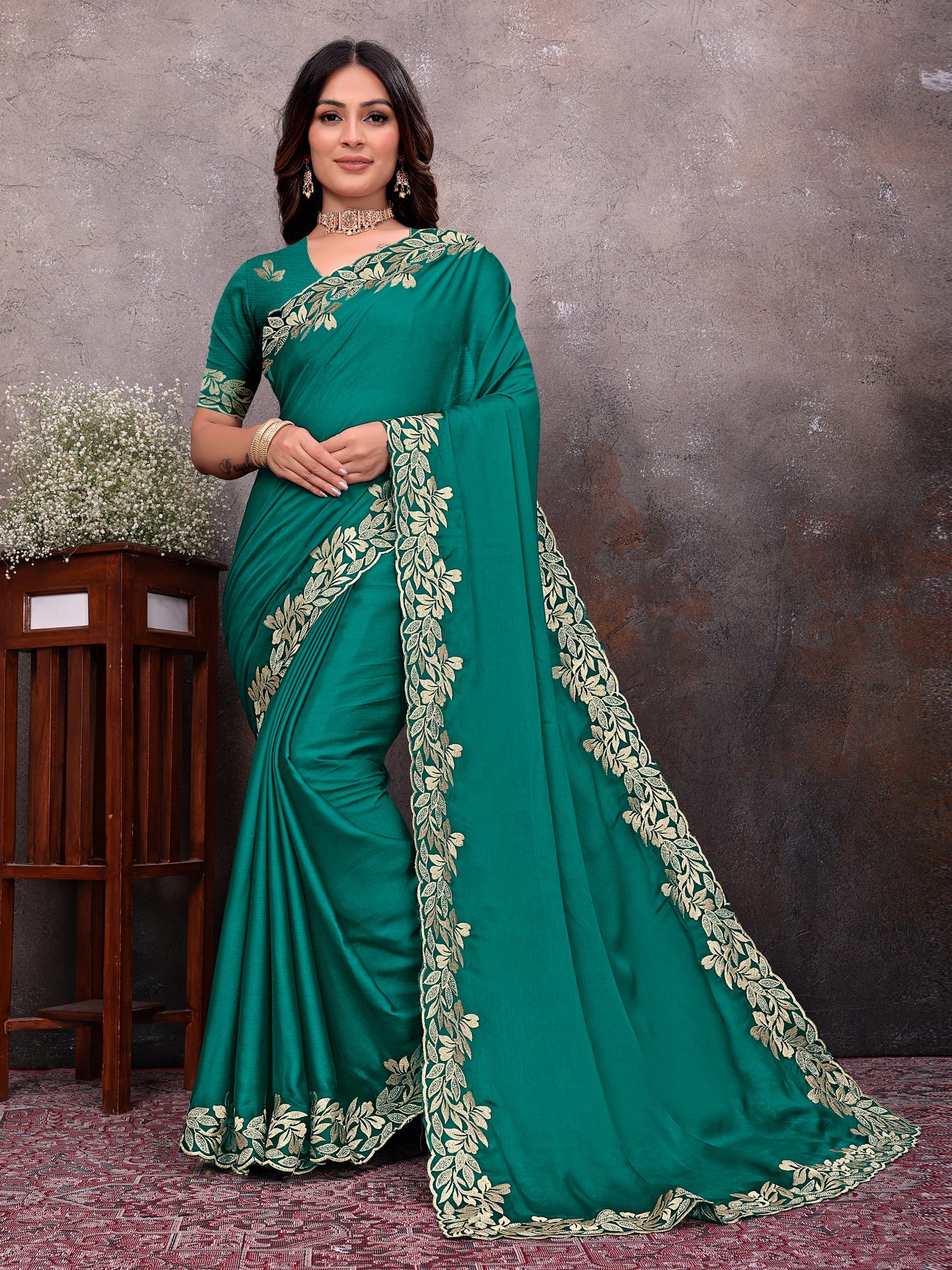 Green Gold Leaf Border Saree