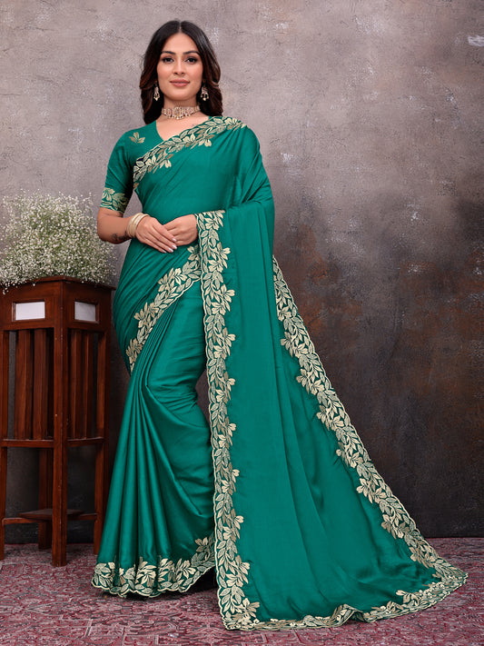 Green Gold Leaf Border Saree