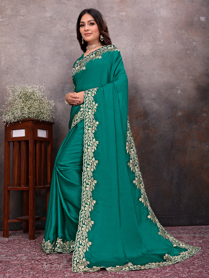 Green Gold Leaf Border Saree