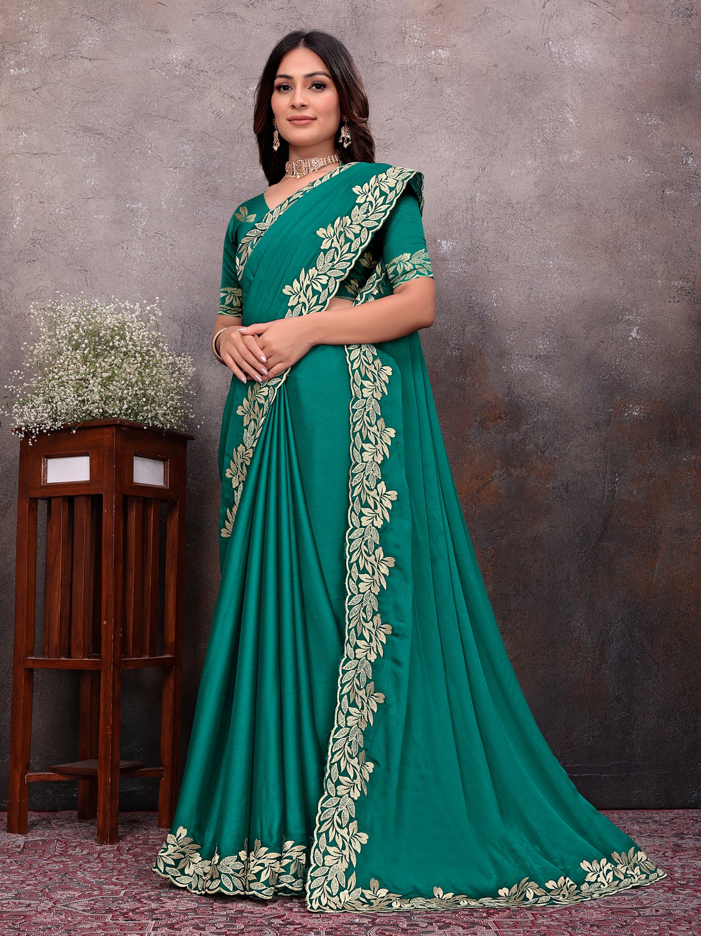 Green Gold Leaf Border Saree