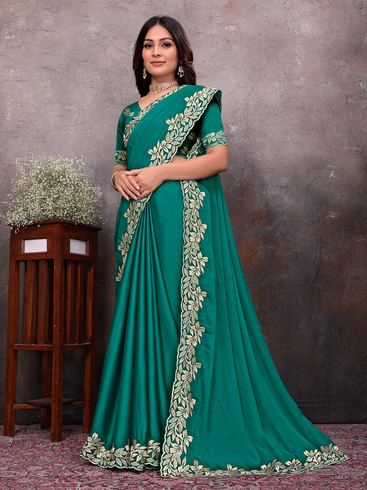 Green Gold Leaf Border Saree