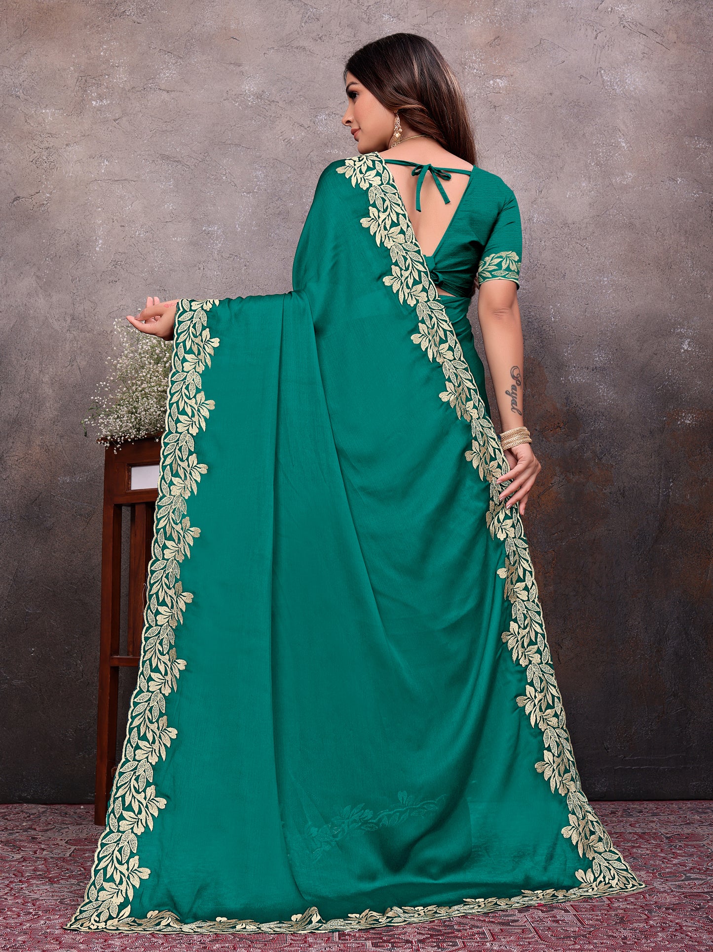 Green Gold Leaf Border Saree