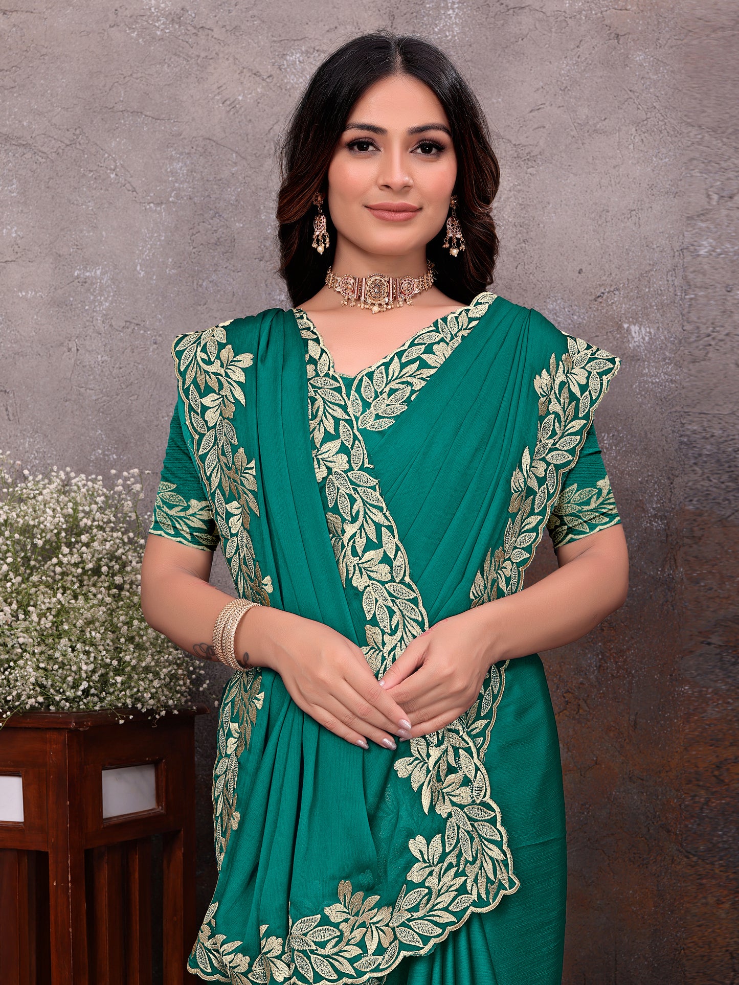Green Gold Leaf Border Saree