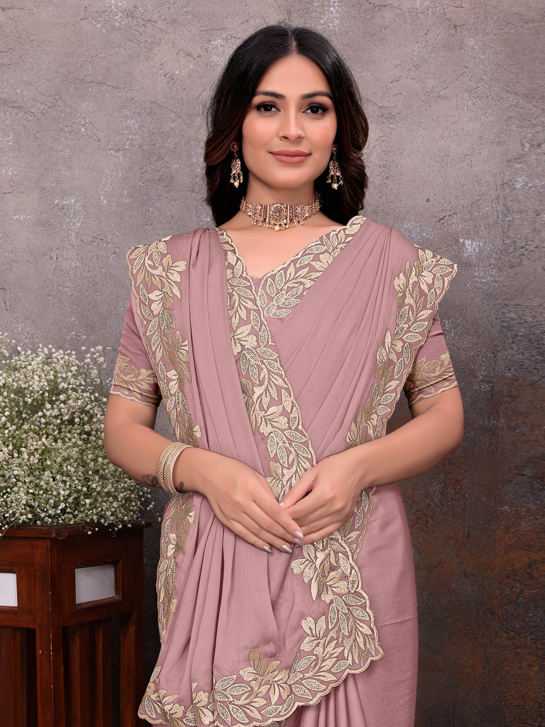 Mauve Gold Leaf Border Saree