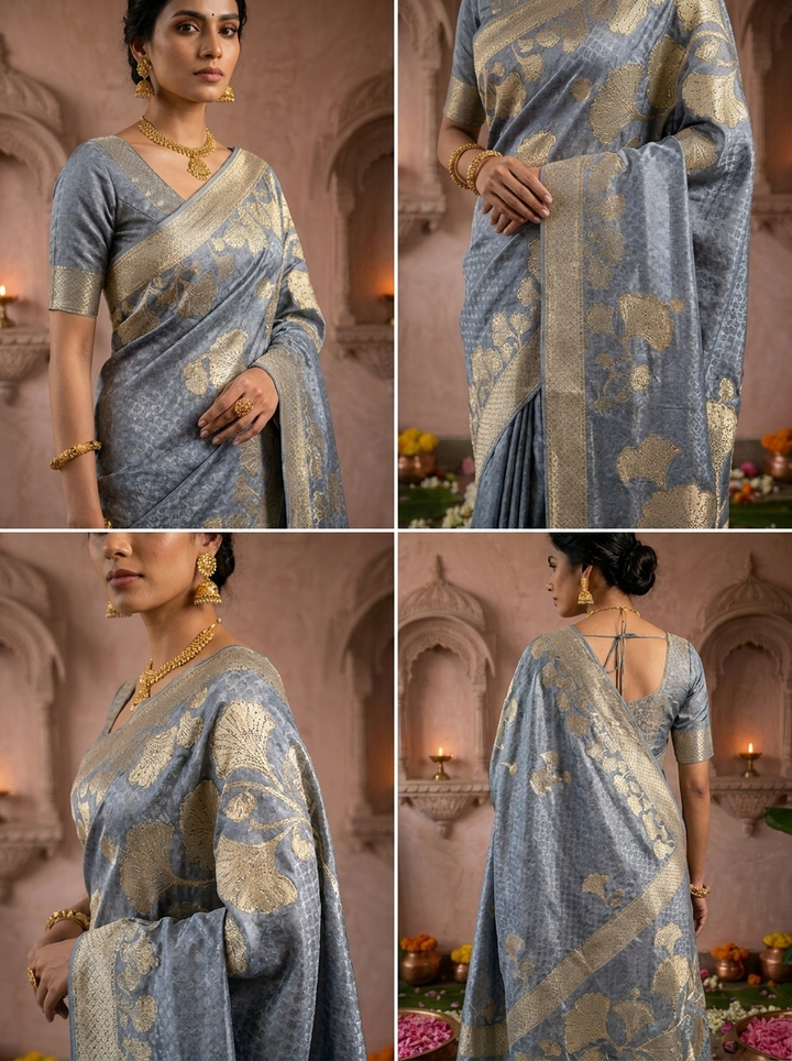 Grey Floral Design Silk Saree With Zari Border