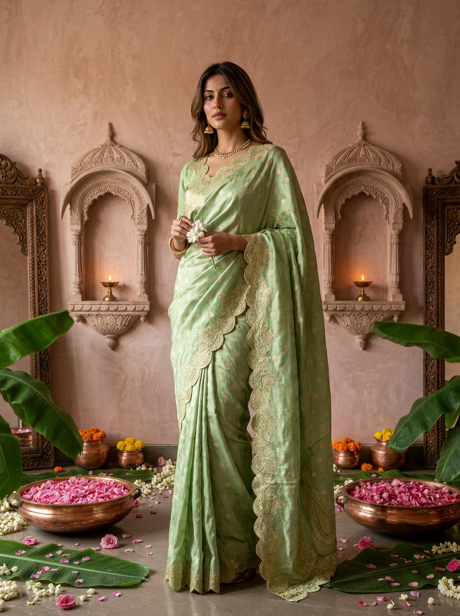Pista Green Silk Paisley Design Weaved Saree