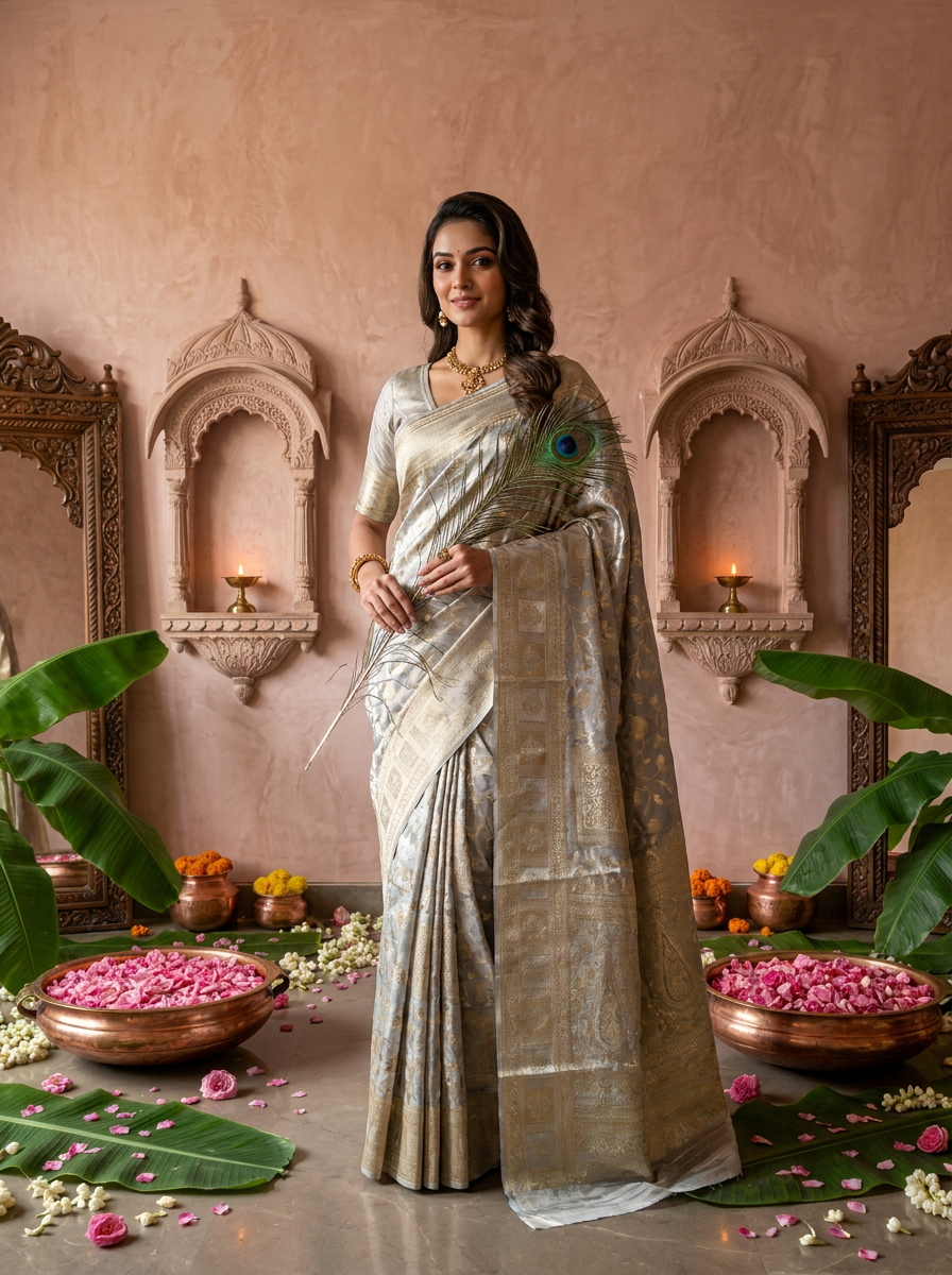 Silver Grey Banarasi Silk Saree With Rich Gold Zari Weaving