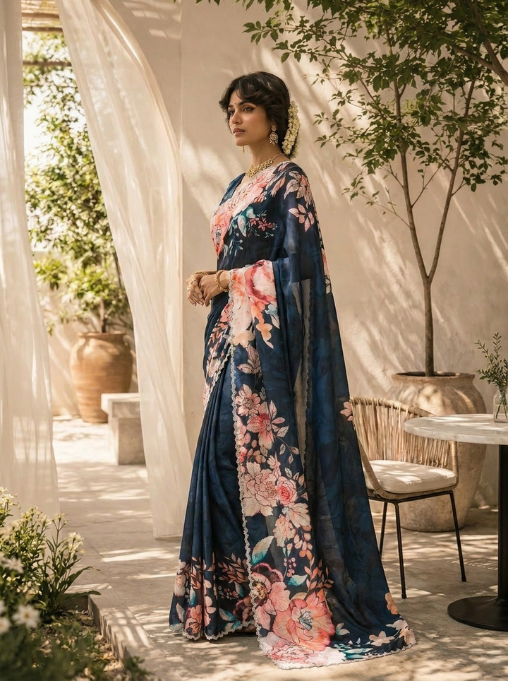 Navy Blue Heavy  Floral Printed Satin Saree