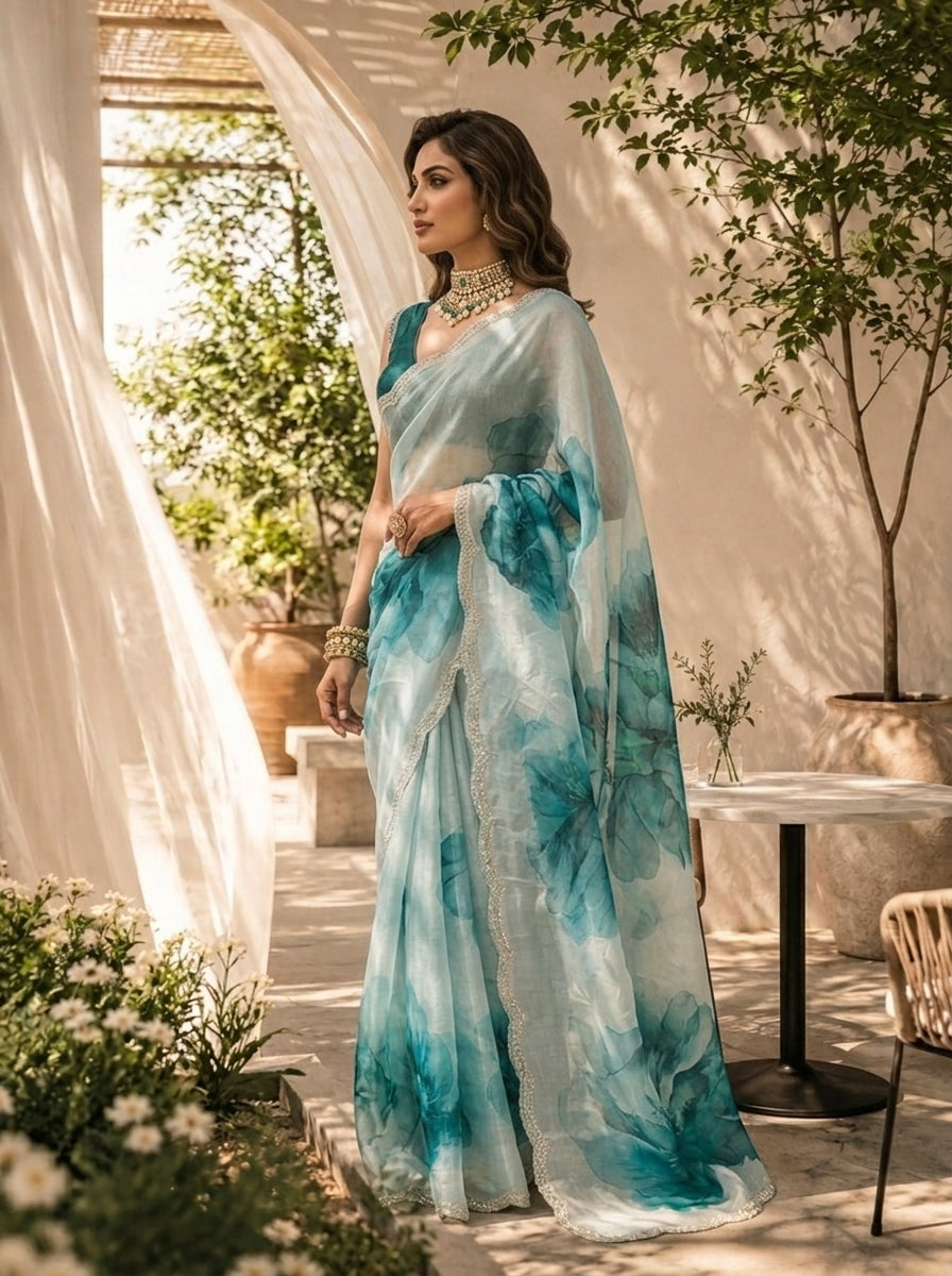 Sea Blue Floral Printed Soft Organza Saree with Designer Border