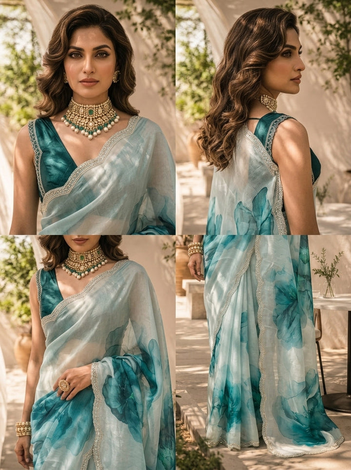Sea Blue Floral Printed Soft Organza Saree with Designer Border